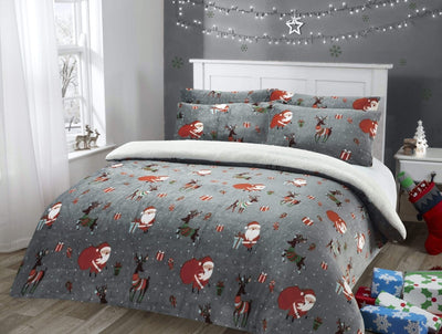 Santa Christmas Presents Bedding - Reversible Teddy Fleece Duvet Cover Set in Faux Fur - SHEET STORY - 1